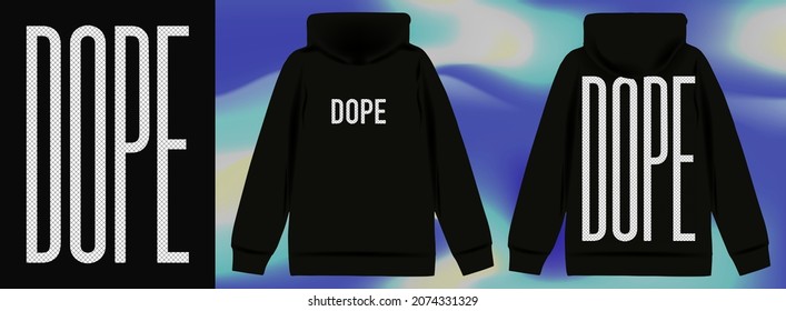 Afiche moderno con el texto "DOPE". Impresión elegante para la ropa de calle, imprenta para camisetas y carteras, aisladas en fondo negro