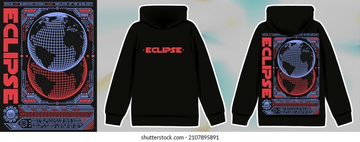 Modern poster with text "Eclipse" planet sphere. In Techno style, stylish print for streetwear, print for t-shirts and hoodies, isolated on black background