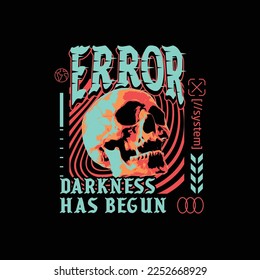 Modern poster with the text error, with skull vector. In Acid style, stylish print for streetwear, print for t-shirts and hoodies, isolated on black background