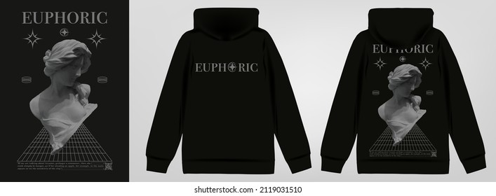 Modern poster with text "Euphoric" Statue of a girl. In Techno style, stylish print for streetwear, print for t-shirts and hoodies, isolated on black background