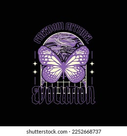 Modern poster with the text evolution, fredom apparel, with butterfly illustration. In Acid style, stylish print for streetwear, print for t-shirts and hoodies, isolated on black background