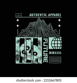 Modern poster with the text future, Skull and Seamless pattern. In Acid style, stylish print for streetwear, print for t-shirts and hoodies, isolated on black background