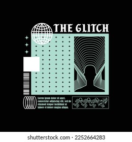 Modern poster with the text the glitch, with men silhouette. In Acid style, stylish print for streetwear, print for t-shirts and hoodies, isolated on black background