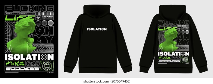 Modern poster with the text "isolation" and the statue of a girl. In Acid style, stylish print for streetwear, print for t-shirts and hoodies, isolated on black background