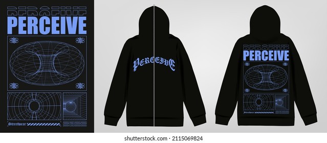 Modernes Poster mit dem Text "PERCEIVE", drucken auf Zip-Hoodie. Im Techno-Stil, stylischer Druck für Straßenbekleidung, Druck für T-Shirts und Hoodies einzeln auf schwarzem Hintergrund