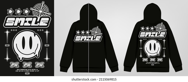 Modern poster with text "Smile", print on zip hoodie. In Techno style, stylish print for streetwear, print for t-shirts and hoodies, isolated on black background