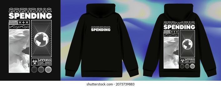 Modernes Poster mit dem Text "Spending", Girl-Statue und Erdkugel. Stilvolle Drucke für Streetwear, Druck für T-Shirts und Hoodies einzeln auf schwarzem Hintergrund