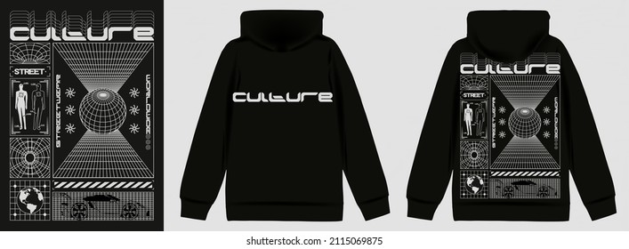 Modern poster with text "Street Culture". In Techno style, stylish print for streetwear, print for t-shirts and hoodies, isolated on black background