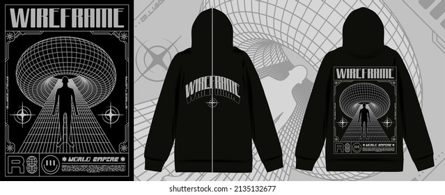 Modern poster with text "wireframe", a large mesh sphere and an alien descending to the bottom. In Techno style, print for streetwear, for t-shirts, hoodies, and sweatshirts. Isolated on black backgro