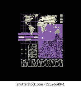 Modern poster with the text worldwide, with worldmap illustration. In Acid style, stylish print for streetwear, print for t-shirts and hoodies, isolated on black background