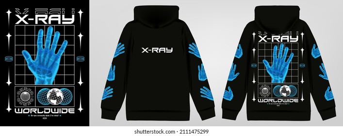 Modern poster with text "X-Ray". In Techno style, stylish print for streetwear, print for t-shirts and hoodies, isolated on black background