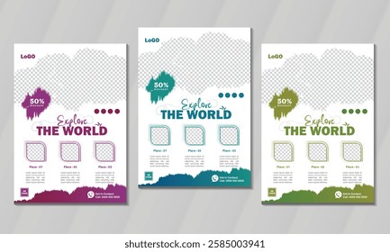 Modern poster travel flyer design template bundle. Editable tour poster template with brush stroke set adventure business tour trip promotion sale flyer leaflet banner poster for travelling agency