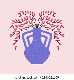 Modern poster of vase with plants and leaves. Home decoration, ceramics and botany concept.
Can be used in poster, print, card or social media design. Vector illustration isolated on pink background.