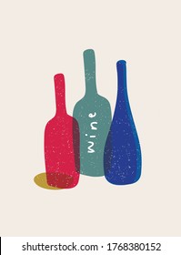 Modern poster with wine bottles. Hand drawn elements for bar menu, party, alcohol drinks. Vector illustration.