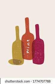 Modern poster with wine bottles. Hand drawn elements for bar menu, party, alcohol drinks. Vector illustration.