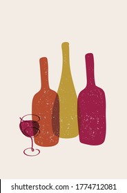 Modern poster with wine bottles. Hand drawn elements for bar menu, party, alcohol drinks. Vector illustration.