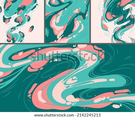 Modern posters with abstract fluid pattern, flow shapes and lines. Vector art backgrounds with flat painting illustration with paint splashes, liquid blobs and waves