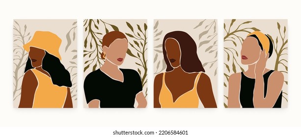 Afiches modernos con retratos abstractos de mujeres. Decoración contemporánea en las paredes, estampados artísticos de estilo boho. Ilustraciones vectoriales coloreadas