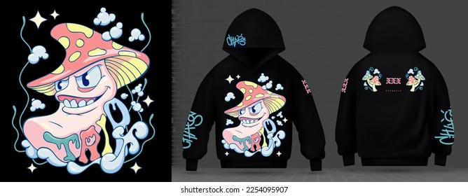 Modern posters crazy fun mushroom emoji fly agaric psilocin hippie in the style of Techno, Rave, Electronic music future  acid. Print layout sweatshirt with hood black background