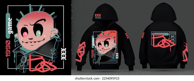 Modern posters crazy graffiti street punk gamer hippie in the style of Techno, Rave, Electronic music future  acid. Print layout sweatshirt with hood black background