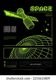 Moderne Plakate Erde umkreisen Satelliten Internet-Technologie Stil von Techno, Rave, Electronic Musik Zukunft virtuelle Realität Polygons Raum Form mit verbundenen Linien Säure. Print, einzeln auf schwarzem Hintergrund