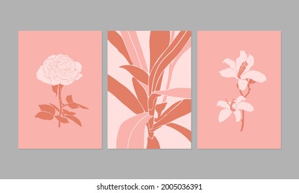 Modern posters with floral linocut illustrations. Flowers and plants silhouettes. Great for interior decor, wall art, tote bag, t-shirt print.