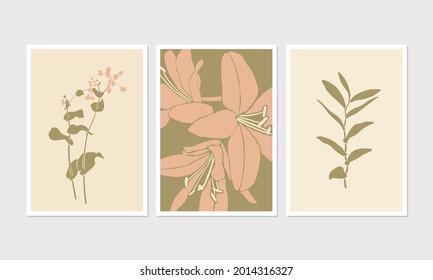 Modern posters with floral linocut illustrations in pastel colors. Flowers and plants silhouettes. Great for interior decor, wall art, tote bag, t-shirt print.