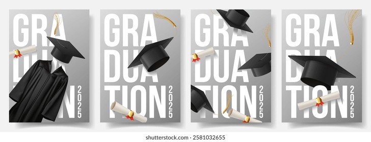 Modern posters of graduation 2025. Vector set of flyers with graduation caps and gown, lettering design. Graduation cards for decoration social media, poster, degree ceremony, party.