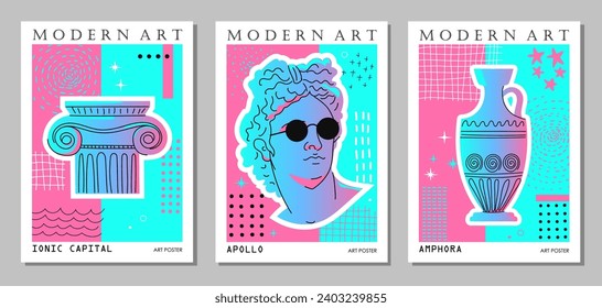 Modern posters with Greek sculpture, capital, amphora and abstract elements. Antique sculpture of the head of Apollo wearing glasses in a modern style. Pink and blue color. Vector illustration.