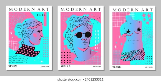 Modern posters with Greek sculptures and abstract elements. Antique sculptures of the head and torso of Venus and Apollo with glasses in a modern style. Pink and blue color. Vector illustration.