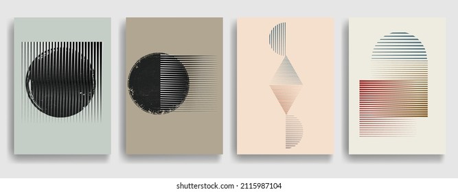 Modern posters with minimalist design elements . Grunge textured shapes in Boho art style  . Wall art , home deco . Vector abstract shape. Modern art . Contemporary poster set .