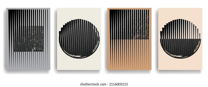 Modern posters with minimalist design elements . Grunge textured shapes in Boho art style . Wall art , home deco . Vector abstract shape. Modern art . Contemporary poster set .