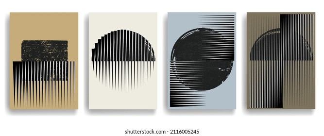 Modern posters with minimalist design elements . Grunge textured shapes in Boho art style . Wall art , home deco . Vector abstract shape. Modern art . Contemporary poster set .