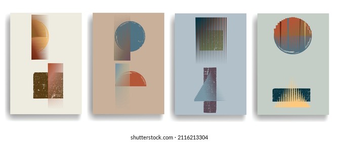 Modern posters with minimalist design elements . Grunge textured shapes in Boho art style . Wall art , home deco . Vector abstract shape. Modern art . Contemporary poster set .