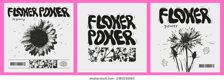 Modern posters set with flower power phrase. Y2K trendy streetwear print for t-shirts and hoodies. Vector dot textute flowers.