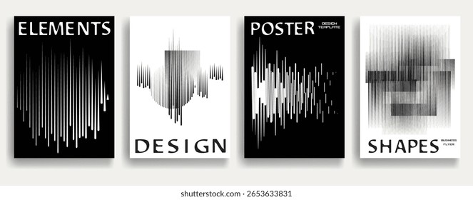Modern posters with speed lines. Vector design composition with various geometric shapes . Abstract contemporary art . Vector art ideal for media, ads, covers, brochures, banners. Black and white. 