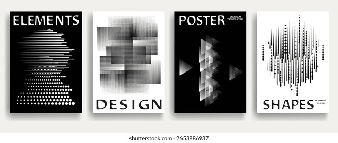 Modern posters with speed lines. Vector design composition with various geometric shapes . Abstract contemporary art . Vector art ideal for media, ads, covers, brochures, banners. Black and white.