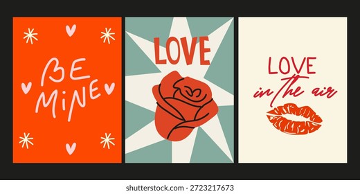 Moderne Poster zum Valentinstag im Cartoon-Retro-Stil. Romantische Hintergründe, Grußkarten, Drucke, Wandkunst, moderne Text- und Liebeskonzepte. Vektorgrafiken