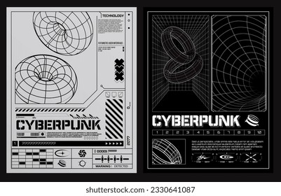 Modern posters technology in the style of Techno, Rave, Electronic music. Rave posters, Graphic design mockup. Geometry wireframe grid and tunnel circle retro cyberpunk style. Vector illustration