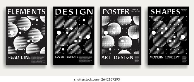Modern posters . Vector design composition with various geometric shapes . Abstract contemporary art . Vector art ideal for media, ads, covers, brochures, banners. Black and white.
