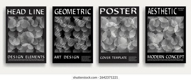 Modern posters . Vector design composition with various geometric shapes . Abstract contemporary art . Vector art ideal for media, ads, covers, brochures, banners. Black and white.
