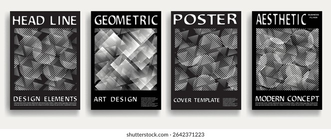 Modern posters . Vector design composition with various geometric shapes . Abstract contemporary art . Vector art ideal for media, ads, covers, brochures, banners. Black and white.
