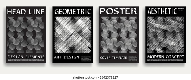 Modern posters . Vector design composition with various geometric shapes . Abstract contemporary art . Vector art ideal for media, ads, covers, brochures, banners. Black and white.
