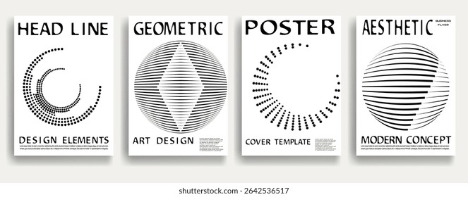 Modern posters . Vector design composition with various geometric shapes . Abstract contemporary art . Vector art ideal for media, ads, covers, brochures, banners. Black and white.
