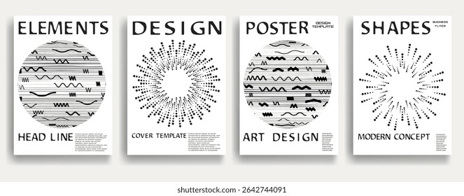 Modern posters . Vector design composition with various geometric shapes . Abstract contemporary art . Vector art ideal for media, ads, covers, brochures, banners. Black and white.
