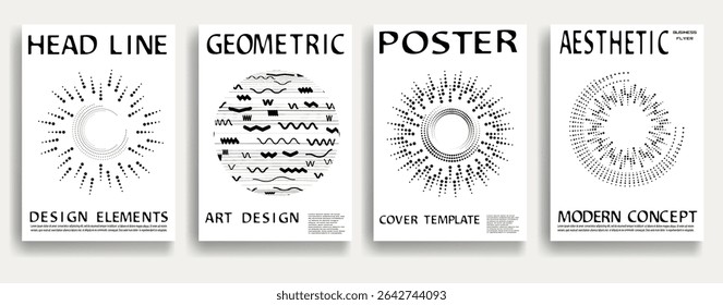 Modern posters . Vector design composition with various geometric shapes . Abstract contemporary art . Vector art ideal for media, ads, covers, brochures, banners. Black and white.

