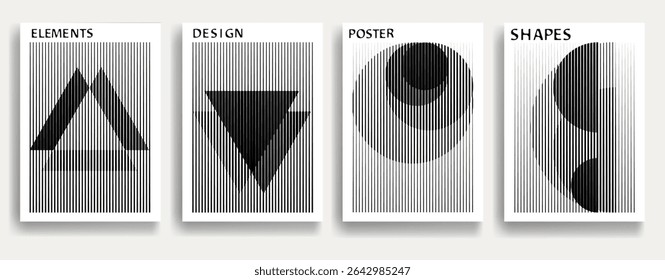 Modern posters . Vector design composition with various geometric shapes . Abstract contemporary art . Vector art ideal for media, ads, covers, brochures, banners. Black and white.