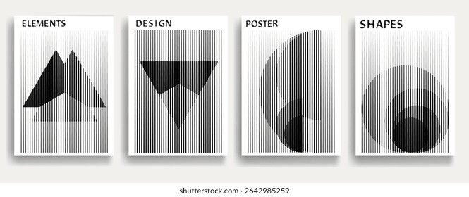 Modern posters . Vector design composition with various geometric shapes . Abstract contemporary art . Vector art ideal for media, ads, covers, brochures, banners. Black and white.