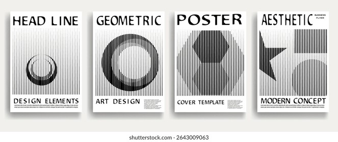 Modern posters . Vector design composition with various geometric shapes . Abstract contemporary art . Vector art ideal for media, ads, covers, brochures, banners. Black and white.
