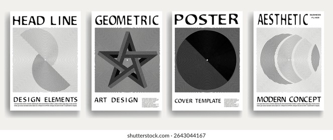 Modern posters . Vector design composition with various geometric shapes . Abstract contemporary art . Vector art ideal for media, ads, covers, brochures, banners. Black and white.

